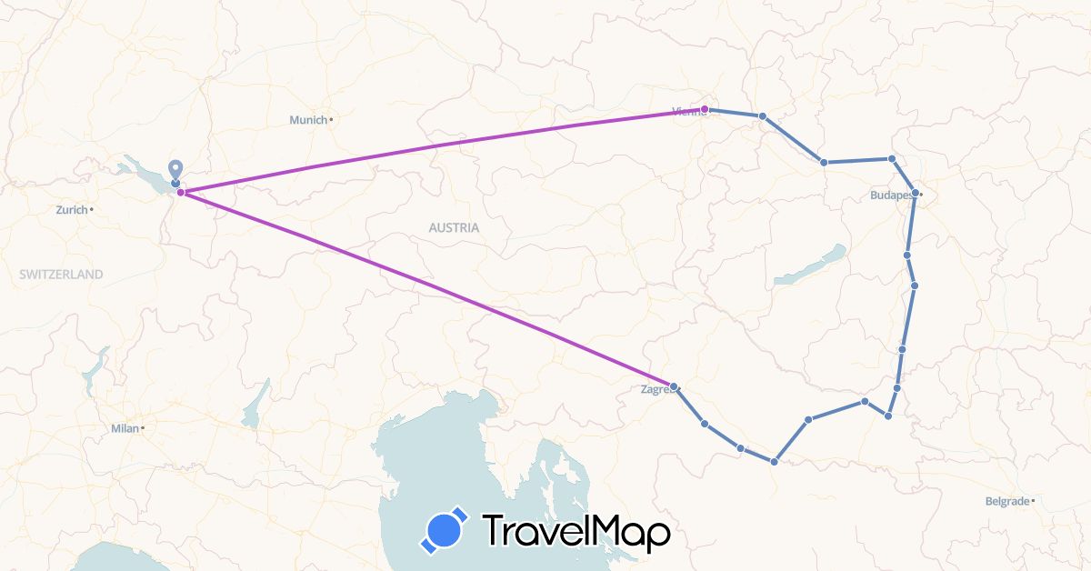 TravelMap itinerary: driving, cycling, train in Austria, Bosnia and Herzegovina, Germany, Croatia, Hungary, Slovakia (Europe)